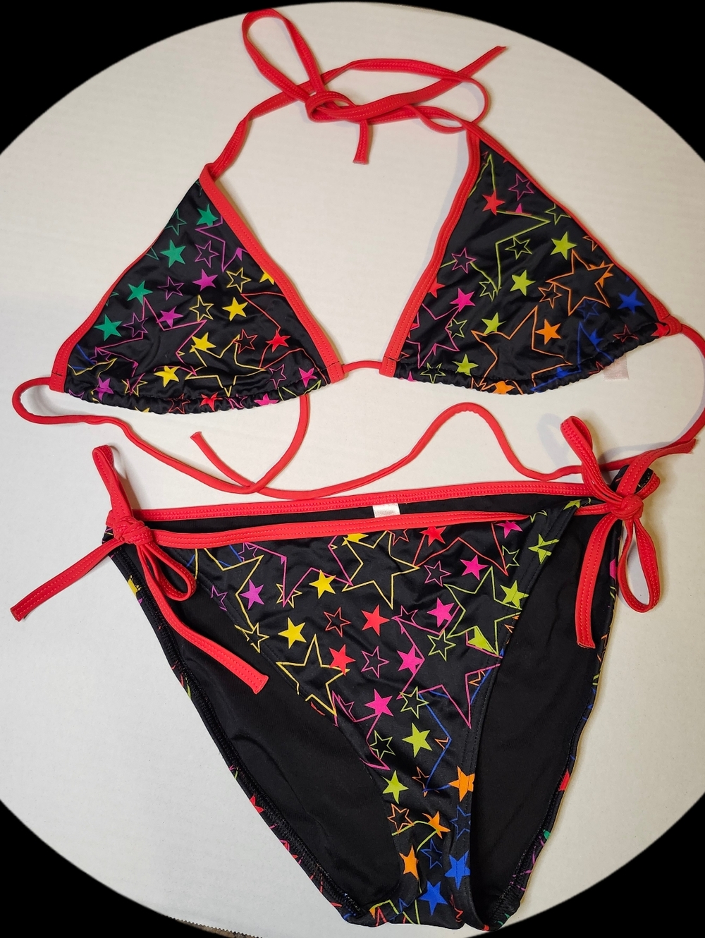 Victoria's Secret Black Star-Print Triangle Bikini with Red Trim